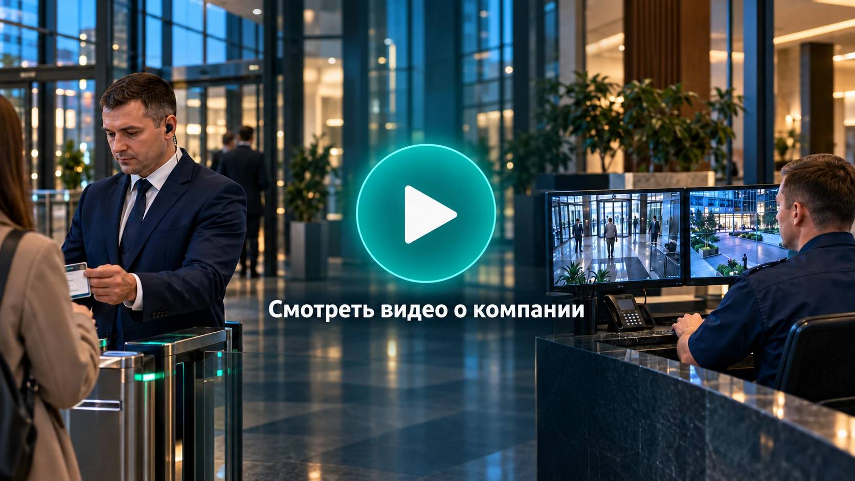 Смотреть видео о компании ЧОП «Лорд»: работа сотрудника на входе и оператора видеонаблюдения